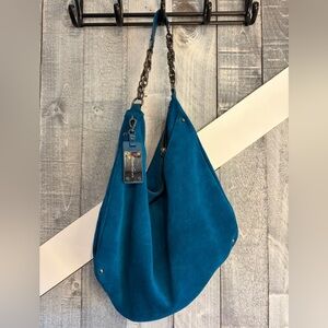 Kenneth Cole Teal Suede Hobo Bag with Chain Strap With Additional Leather Strap